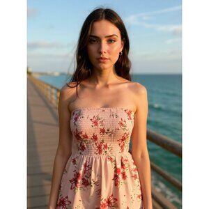 Strapless Pink Floral Smocked Top Dress With Elastic Shirred Bodice & Flowing Sk